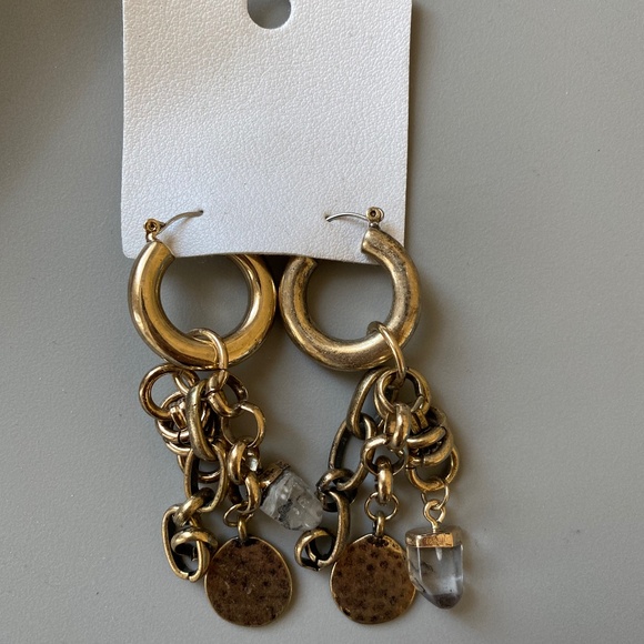 FREE PEOPLE CHAIN CRYSTAL CHUNKY HOOP DANGLE EARRINGS NEW brass - Picture 1 of 5